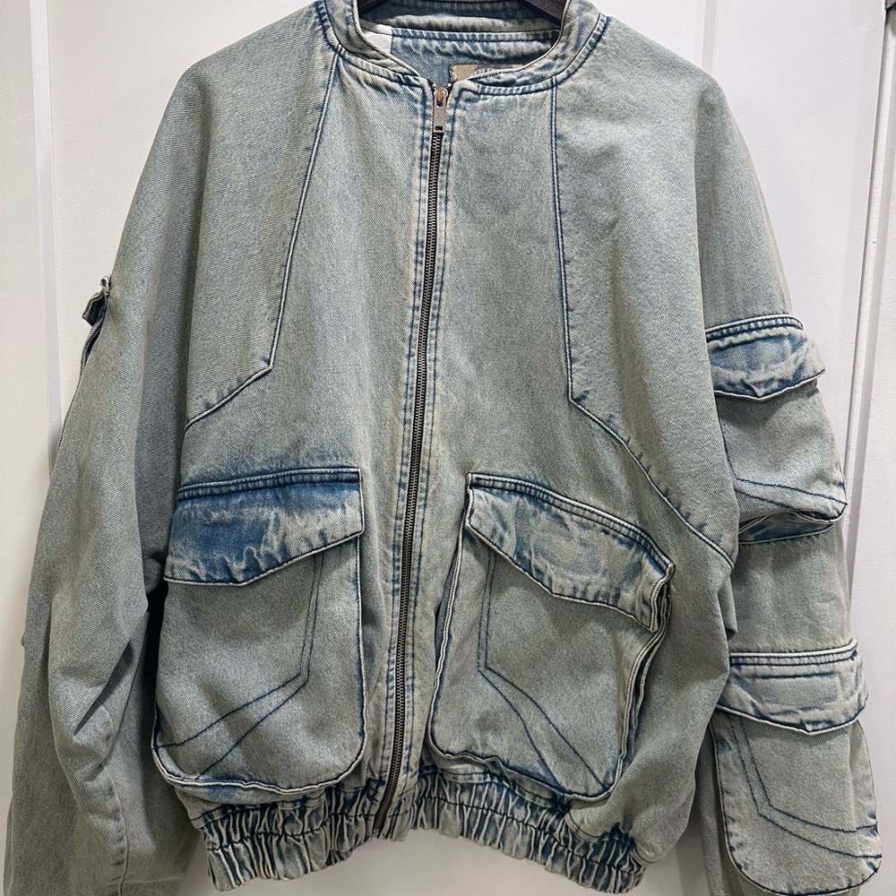 Denim Bomber Jacket with Pockets